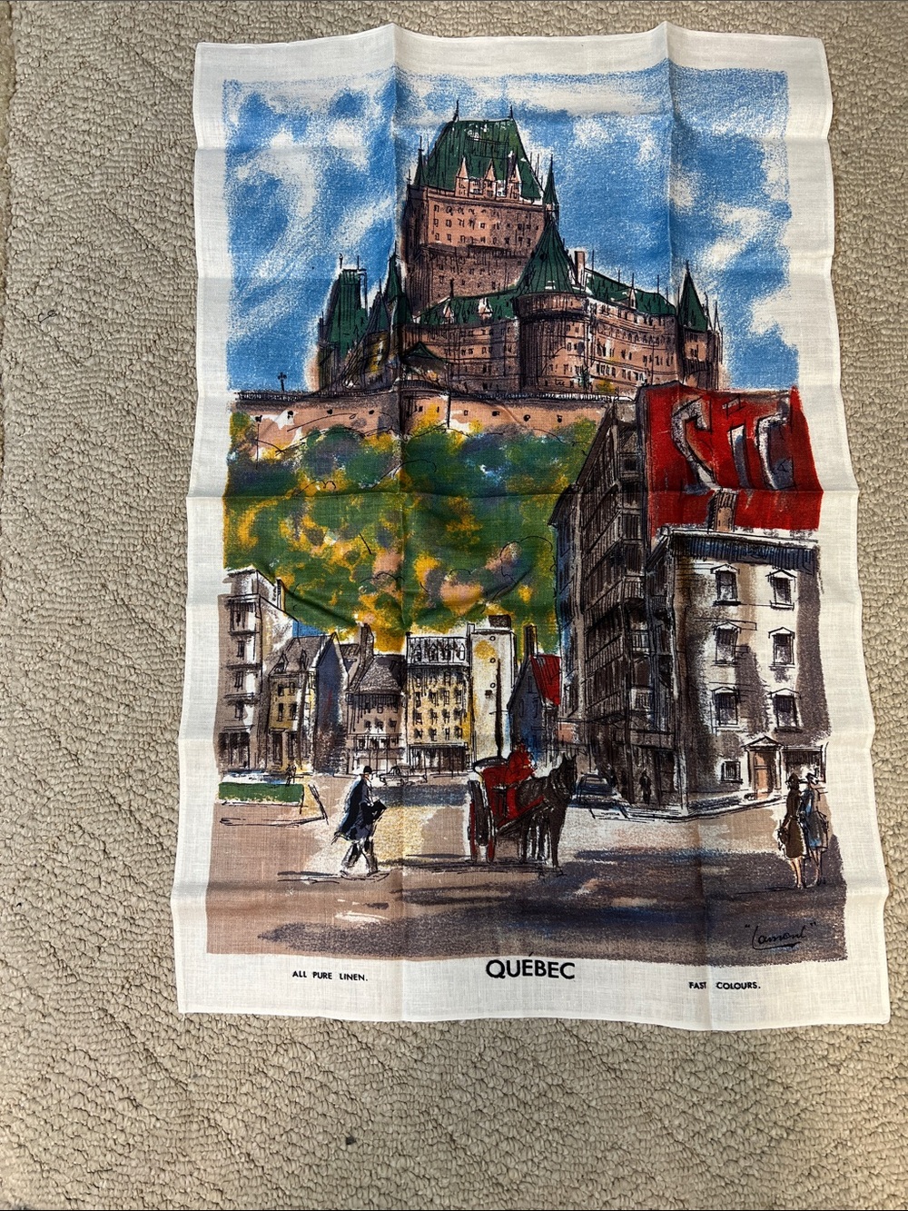 Vintage Quebec Pure Linen Tea Towel Scenic Cityscape Canada Souvenir